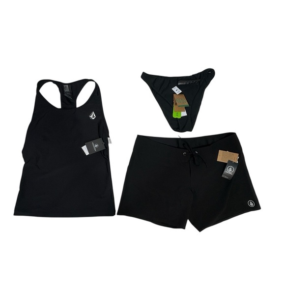 Volcom $129 black‎ tankini top + simply seamless bottoms + solid board shorts M - Picture 1 of 6